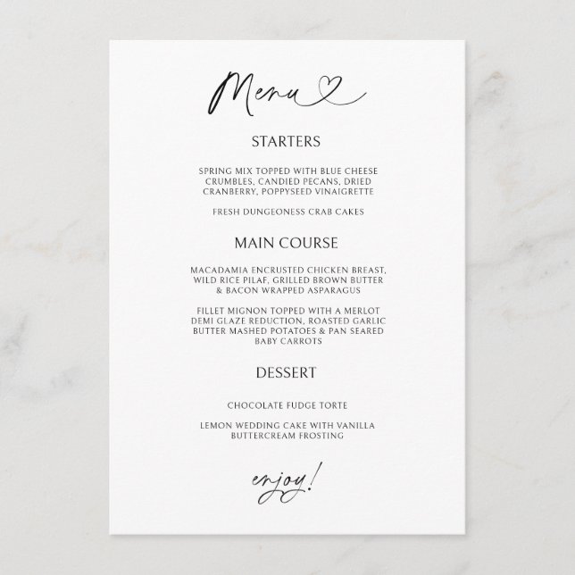 Chic Heart Menu Card Minimal Reception Dining (Anverso)