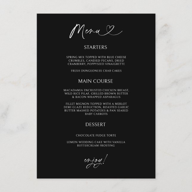 Chic Heart Menu Card Minimal Reception Dining (Anverso)