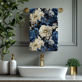 Chic Navy Blue Ivory Gold Flowers Bath Towel