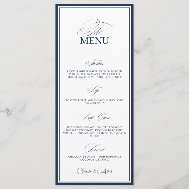 Chic Navy Blue Old Money Wedding Dinner Menu Card (Anverso)