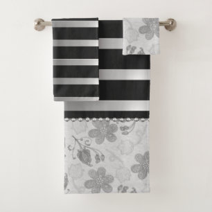 Chic Plata Rayas Negras Floral