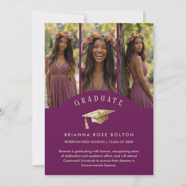 Chic Plum Graduate Collage 3-Photo Graduation Cap (Anverso)
