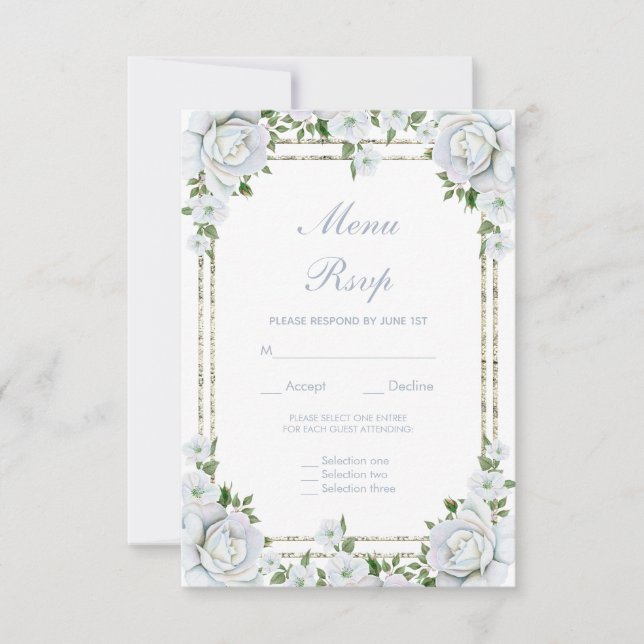 Chic Rosas y Menú Floral de Borde de Plata RSVP (Anverso)