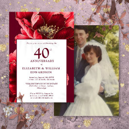 Chic Ruby Red Floral Invitación de aniversario de 