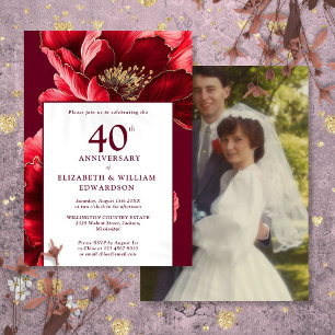 Chic Ruby Red Floral Invitación de aniversario de 