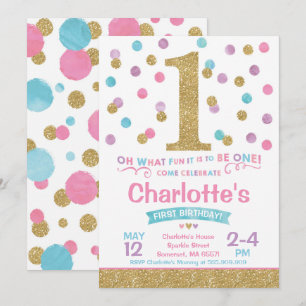 Chica 1ª invitación de cumpleaños Confetti rosado 