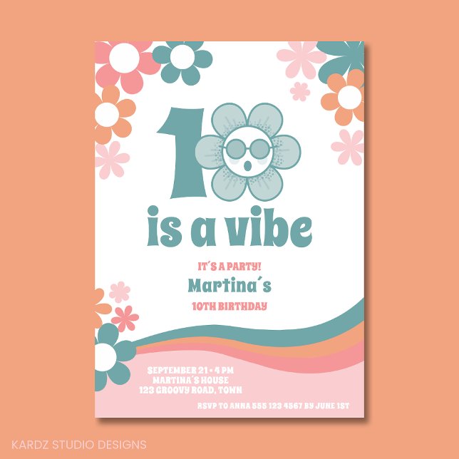 Chica 10.ª invitación a la fiesta de cumpleaños (10th birthday party invitation for Girl with "10 is a vibe". Cool flower daisy and retro vibes.)