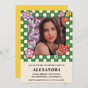 Chica 13ª invitación de cumpleaños Retro Groovy Fl