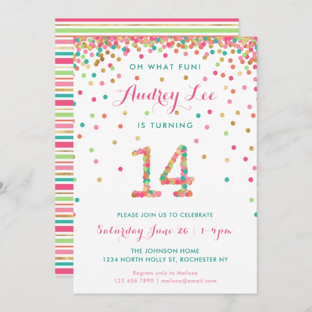 Chica 14º cumpleaños Invitación a cumplir 14º años (Anverso / Reverso)