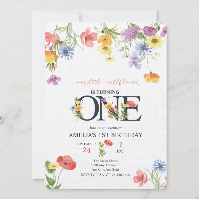 Chica 1 cumpleaños | Invitaciones a las flores sil (Anverso)
