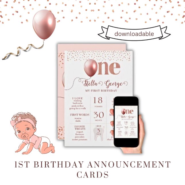 Chica 1Tarjeta de Invitación de los Hitos de Cumpl (1st birthday announcement cards)