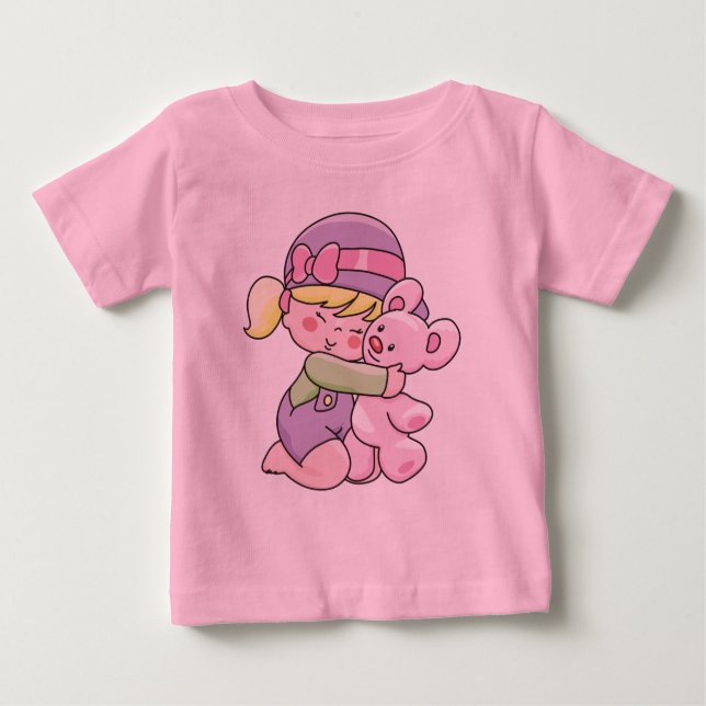 Chica abrazando camisetas de oso y regalos (Anverso)