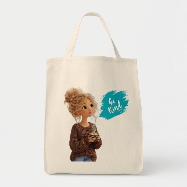 Chica Acogedora en Bolsa Tote de Suéter de Granos  (Frente)