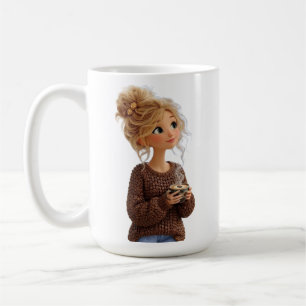 Chica Acogedora en Taza con Suéter de Café en Gran