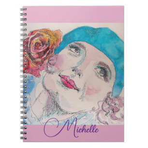 Chica acuarela rosa rojo cuaderno lila rosa niñas