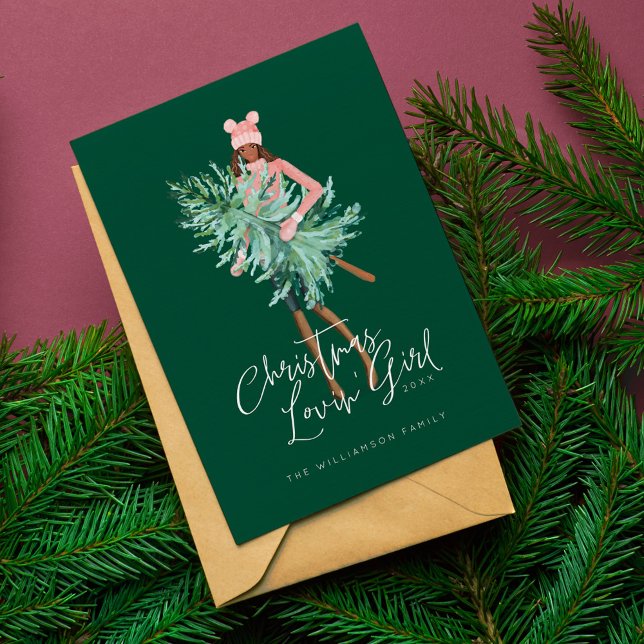 Chica acuarela sostiene árbol de Navidad evergreen (Watercolor Girl Holding Evergreen Christmas Tree Holiday Card)