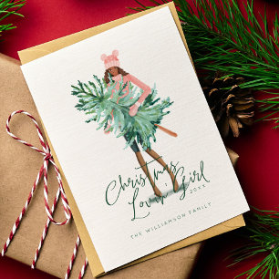 Chica acuarela sostiene árbol de Navidad evergreen