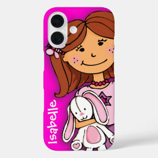 Chica aferrándose a un funda de nombres rosa de co