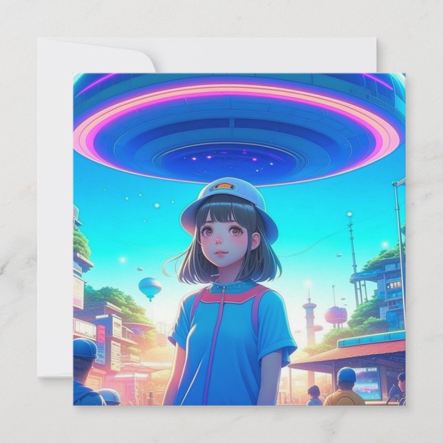 Chica anime bajo un OVNI en la ciudad (Anverso)