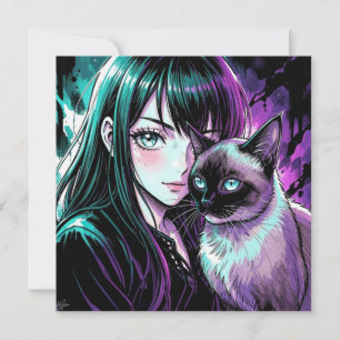 Chica Anime Bonita y Gato Siames