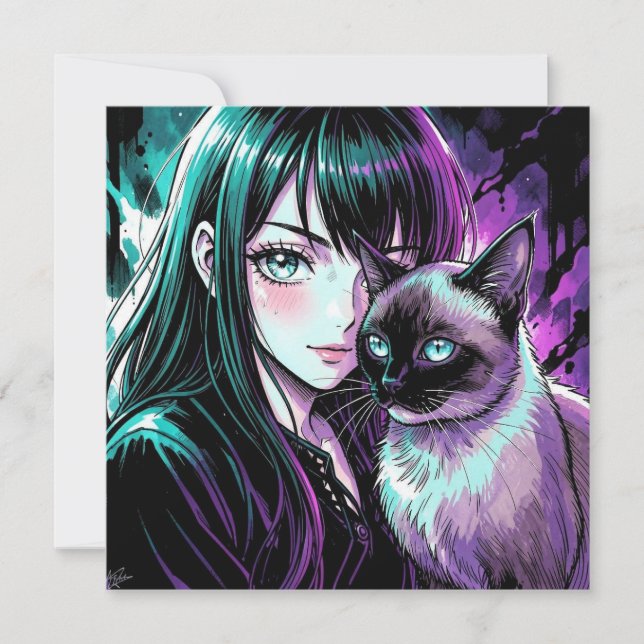 Chica Anime Bonita y Gato Siames (Anverso)