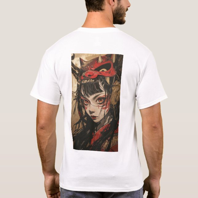 Chica anime con camiseta de máscara Oni de oro roj (Reverso)
