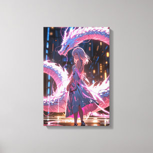 Chica Anime Cyberpunk Dragón Neon Arte Fantasía