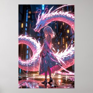 Chica Anime Cyberpunk Dragón Neon Arte Fantasía