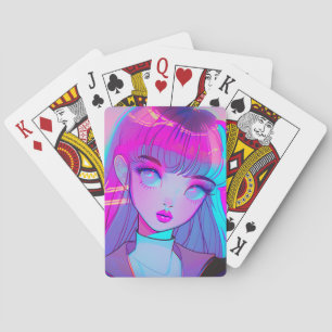 Chica anime de neón linda jugando cartas