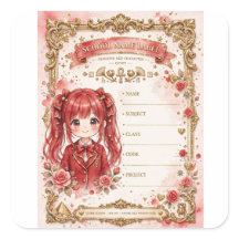 Chica Anime Pelo Rojo Etiqueta Escolar
