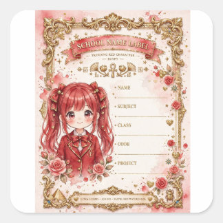 Chica Anime Pelo Rojo Etiqueta Escolar