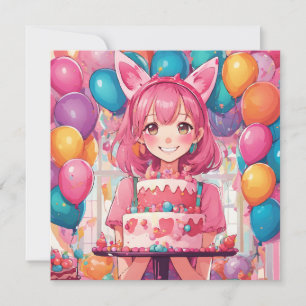 Chica anime rosa cumpleaños Tarjeta personalizada