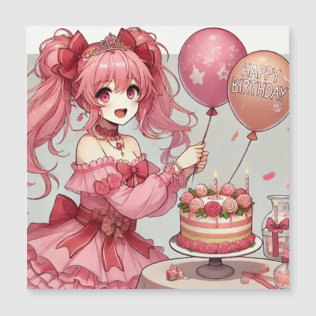 Chica anime tarjeta magnética de cumpleaños rosa (Anverso)