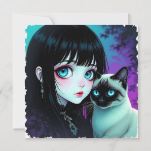 Chica Anime y Gato Siamés en Blanco