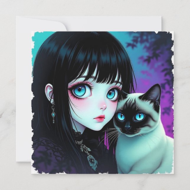 Chica Anime y Gato Siamés en Blanco (Anverso)