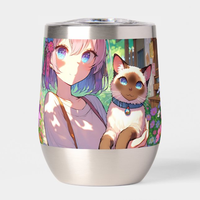 Chica anime y gato siamés personalizado (Frente)