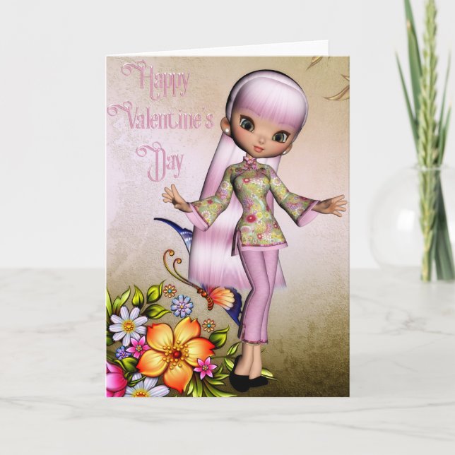 Chica asiático feliz tarjeta de felicitación 3 par (Anverso)