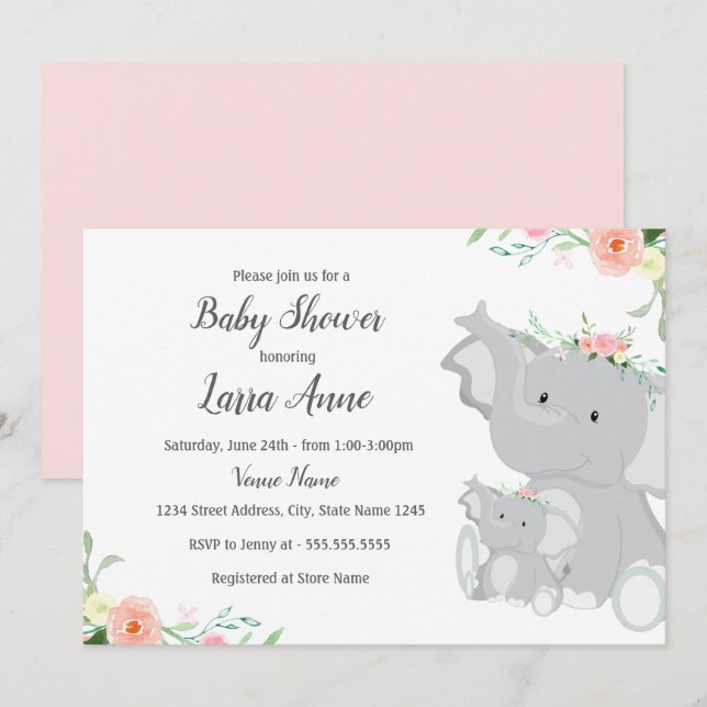Chica Baby Elephant Invitación a Baby Shower (Anverso / Reverso)