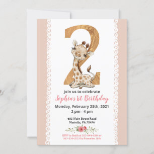 Chica Baby Giraffe Segunda Invitación de Cumpleaño