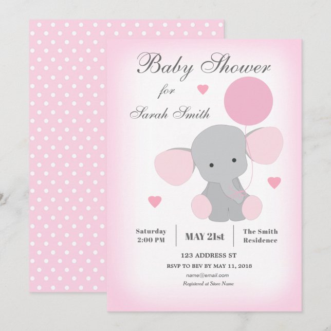 Chica Baby Shower Invitación Elefante Rosa (Anverso / Reverso)