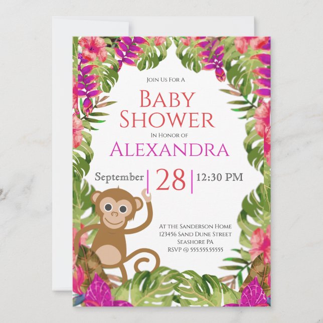 Chica Baby Shower Monkey Pink Tropical Wildlife (Anverso)