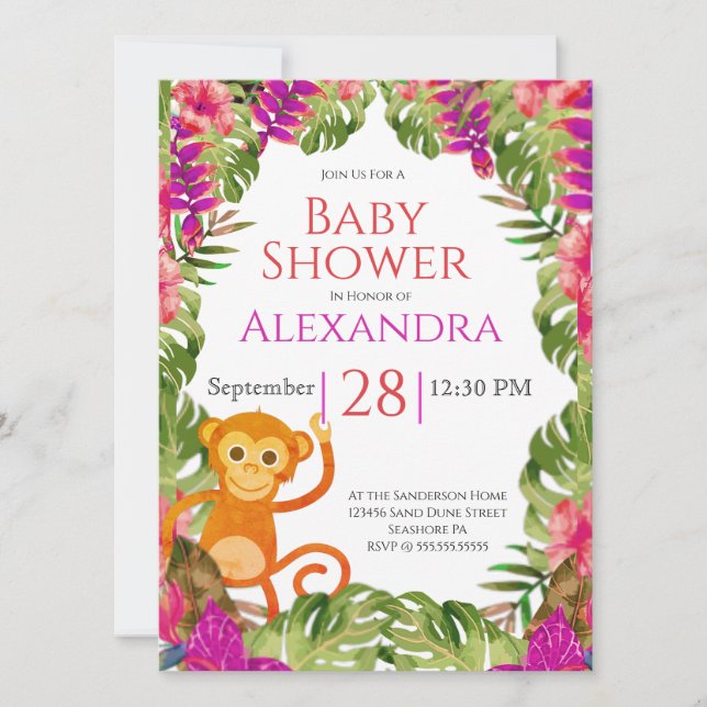 Chica Baby Shower Monkey Pink Tropical Wildlife (Anverso)