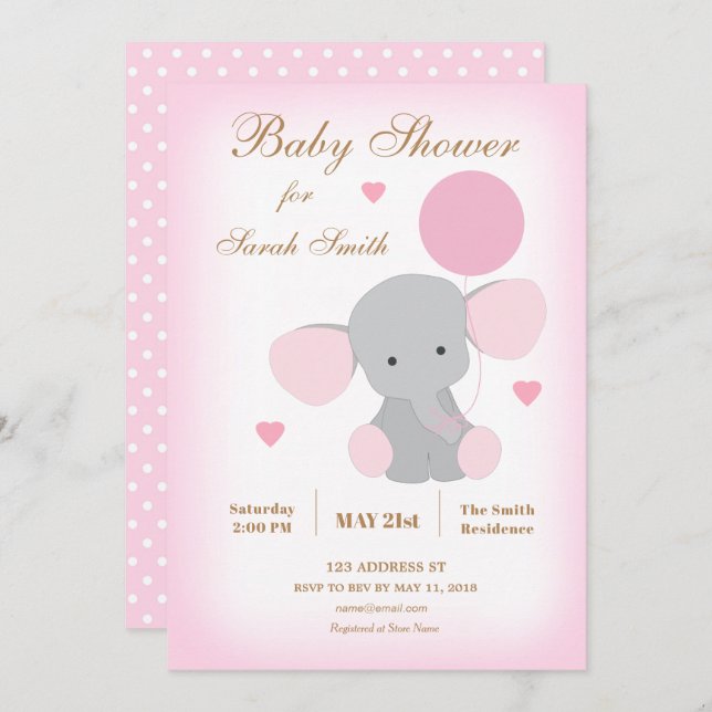 Chica Baby Shower Sprinkle Invitación Elefante Ros (Anverso / Reverso)