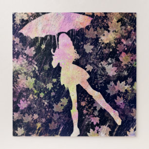 Chica bailando en el rompecabezas de la lluvia - p