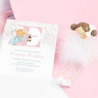 Chica Bautismo Rosa Gold Angel Invitación inicial