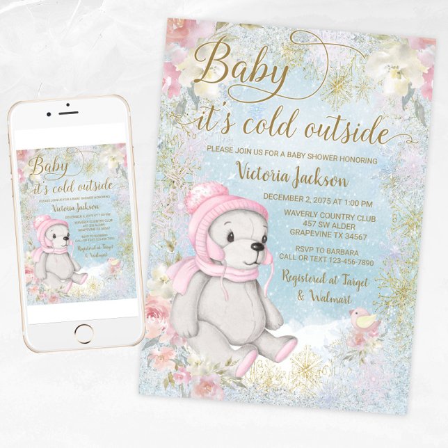 Chica bebe su frío fuera de la invitación de Baby  (Girl winter bear baby shower invitation. Girl winter wonderland baby shower invitation. )