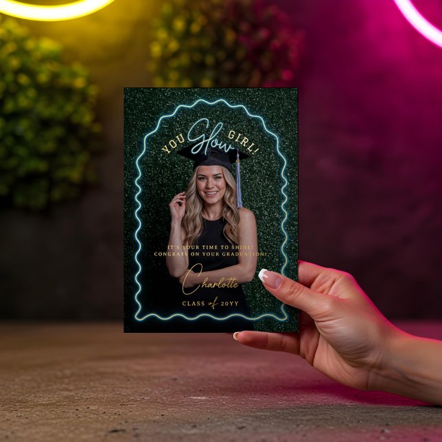 Chica brillante Wavy Blue Neon Graduation Photo (You Glow Girl Wavy Blue Neon Graduation Photo Foil Greeting Card)