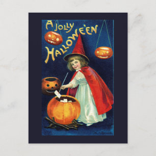 Chica Bruja Vintage Calabaza Postal de Halloween