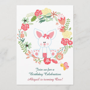 Chica Bunny y Wreath Invitación al primer cumpleañ