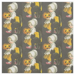 Chica, calabaza, gato negro, tela de Halloween vin